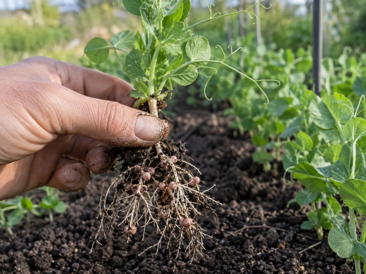 A young pea plant lifted from garden soil, its pale roots dotted with small round pink nodules