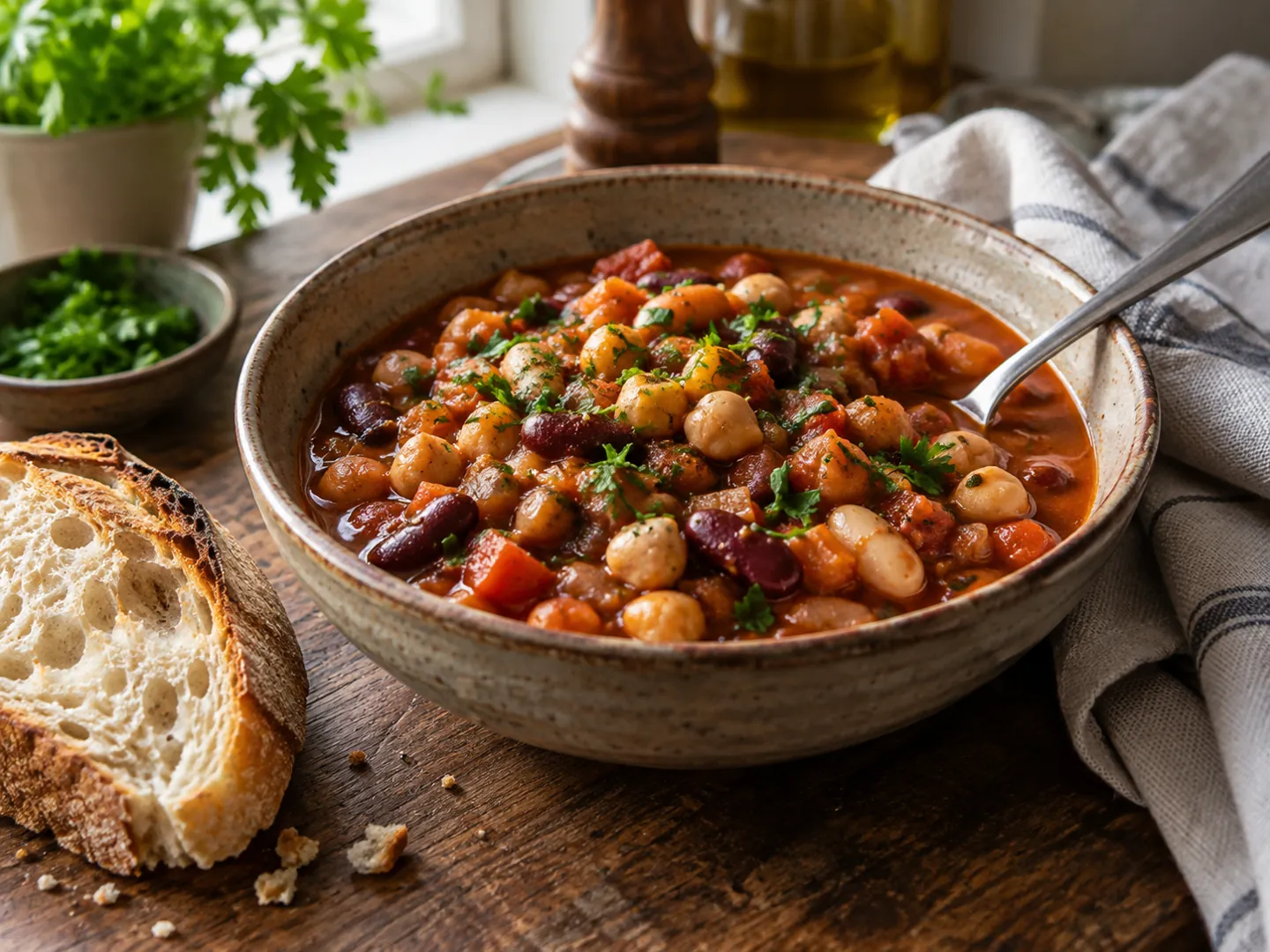 A bowl of chickpea and bean stew with tomatoes and herbs on a kitchen table, with a spoon and a slice of bread